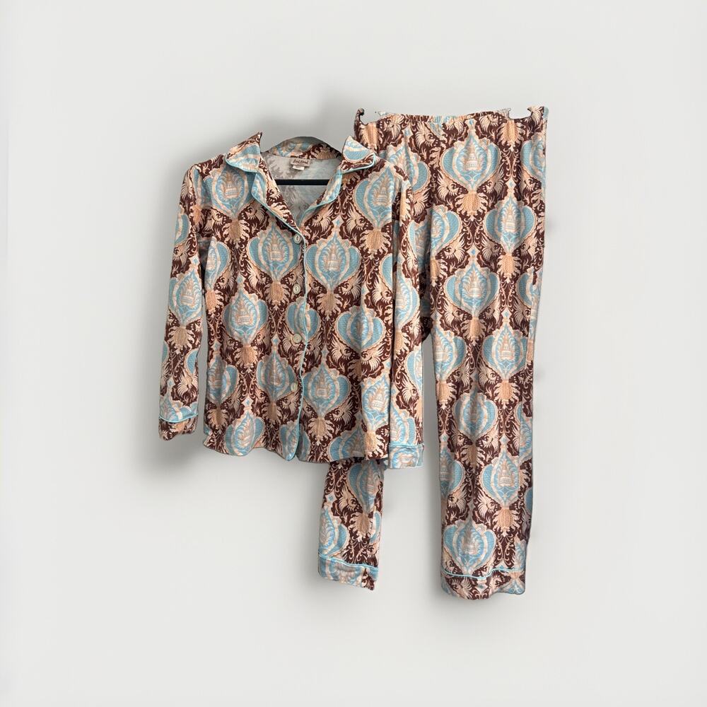 BedHead Damask Look Baroque Brown And Teal Pajama Set In Size‎ M Button Front